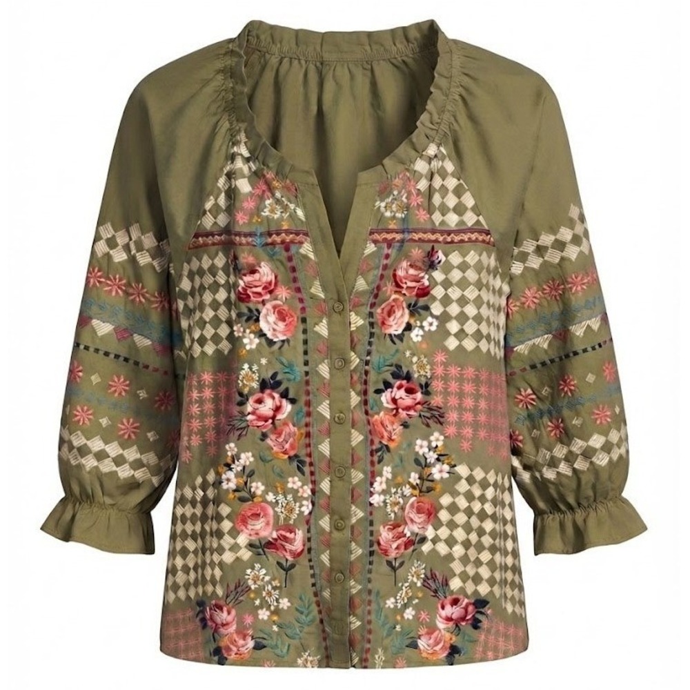 Savanna Jane Small Olive Green Floral Embroidered Boho Peasant Blouse